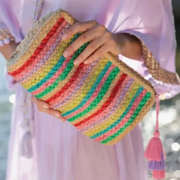 Shiraleah Chicago Melia Multi Color Vegan Jute Clutch Purse Beach Made In India - Picture 6 of 8